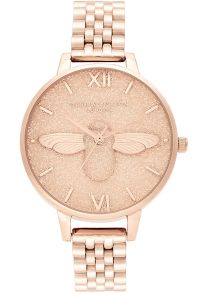 Olivia Burton Glitter Dial 3D Bee & Pale Rose Gold Bracelet OB16GD46